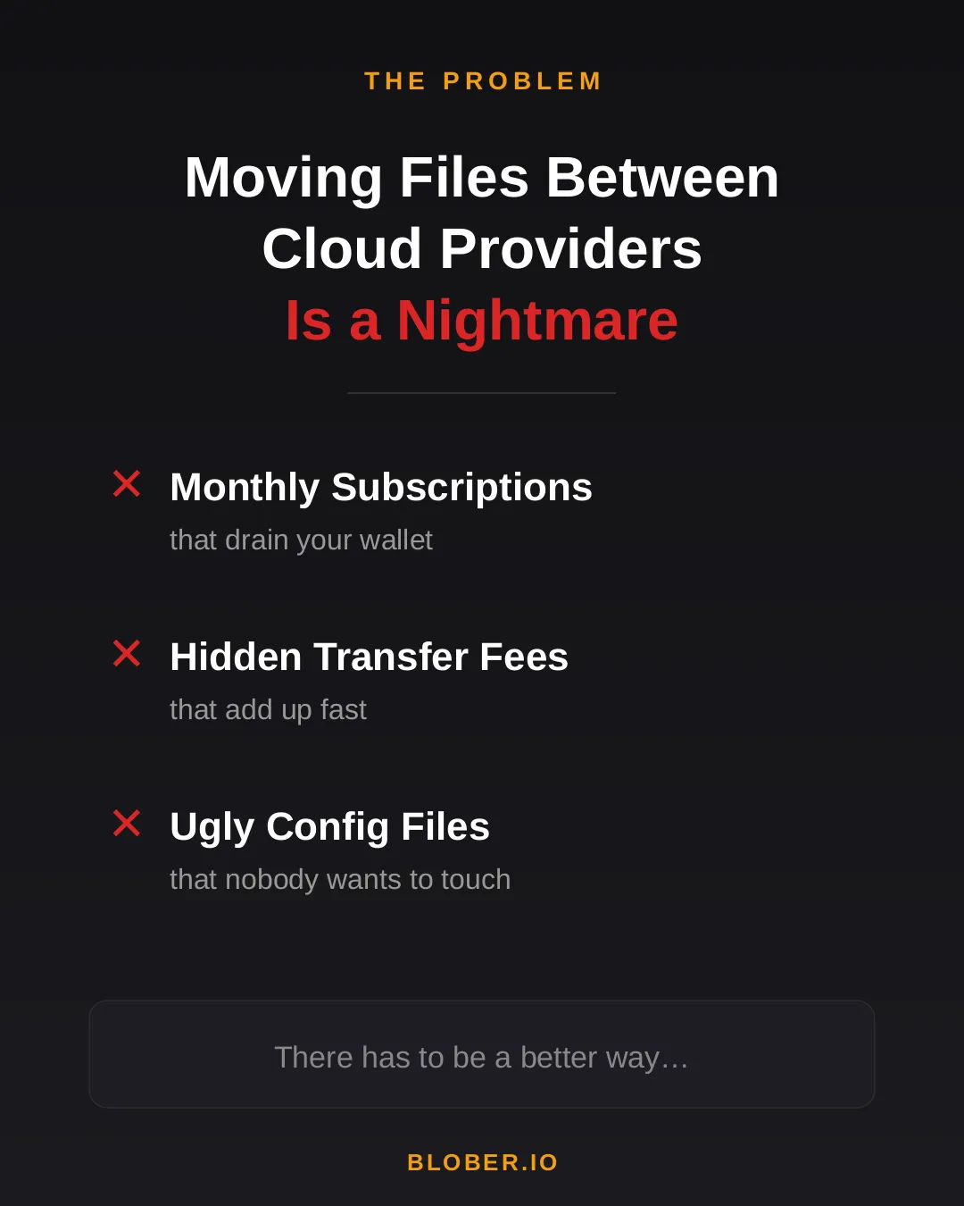The problem with moving files between cloud providers — monthly subscriptions, hidden transfer fees, and ugly config files