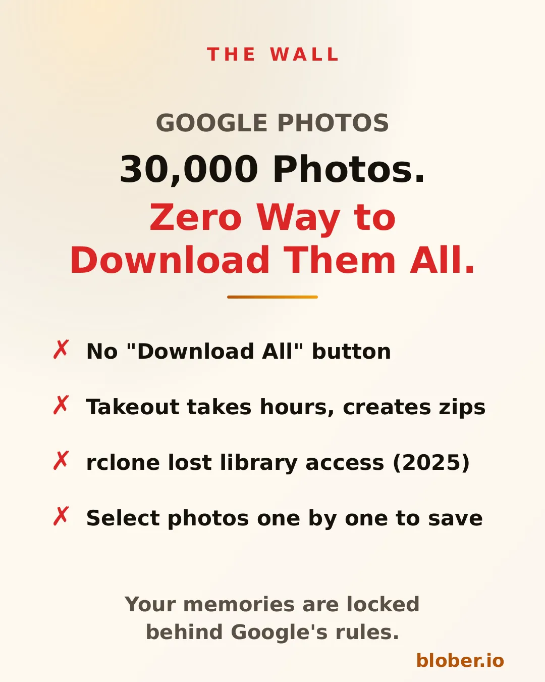 Google Photos has no download all button, Takeout takes hours, rclone lost library access, and manual download requires selecting photos one by one