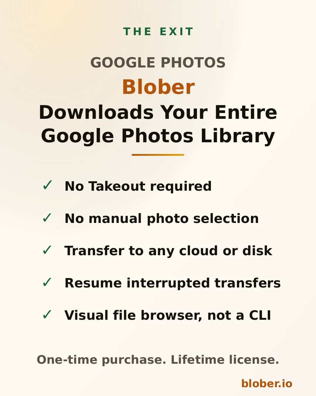 Blober downloads your entire Google Photos library without Takeout, with no manual selection, transfer to any cloud or disk, and auto-resume