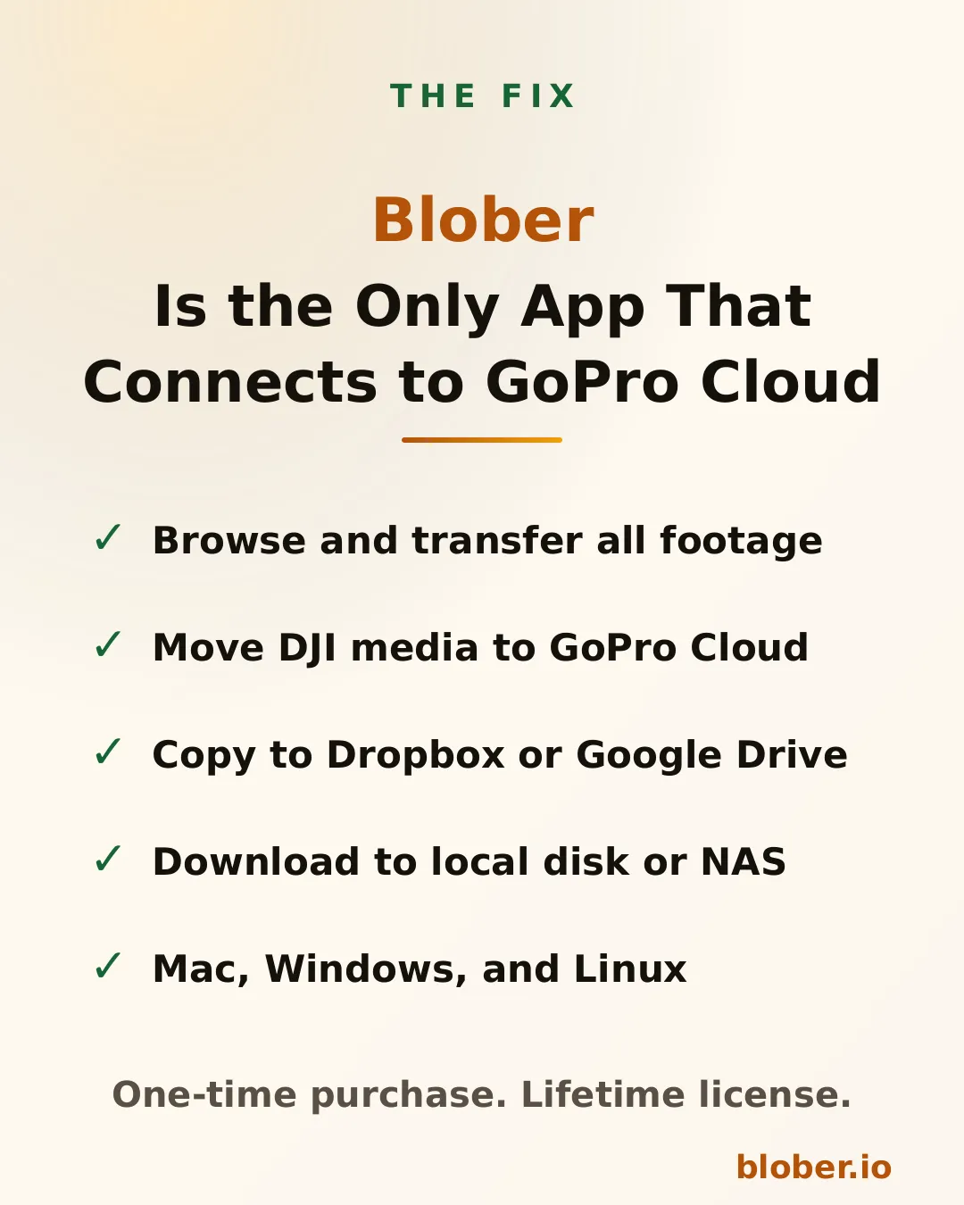 Blober connects to GoPro Cloud with full support for browsing, transferring, and downloading footage to any cloud or local disk