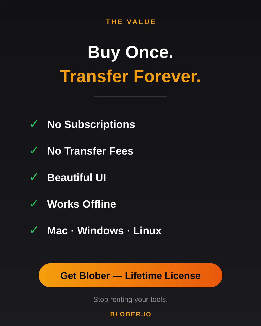 Blober: buy once, transfer forever. No subscriptions, no transfer fees, beautiful UI, works offline, runs on Mac, Windows, and Linux