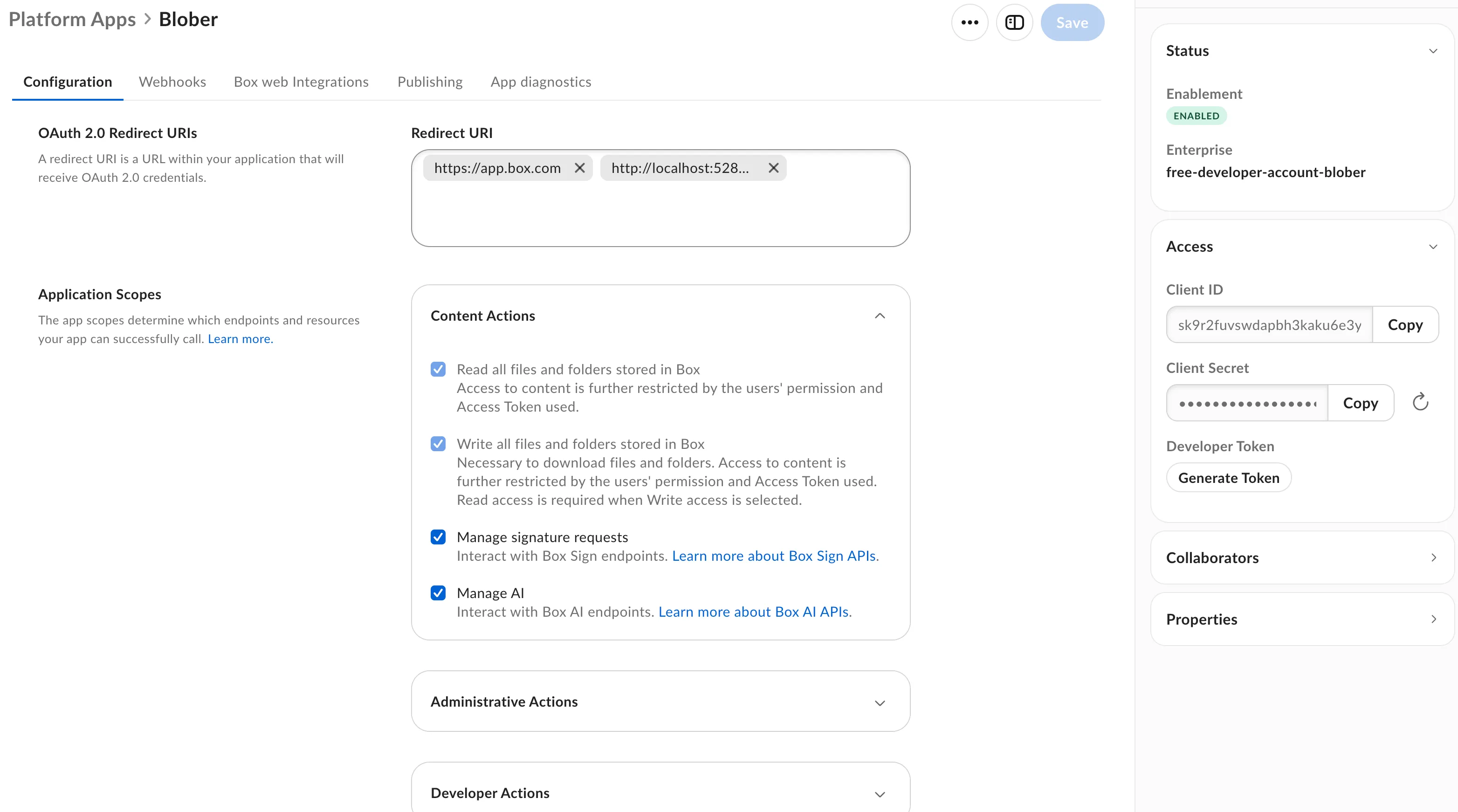 The Box app Configuration page, showing the Application Scopes and the Client ID and Client Secret in the App Details panel