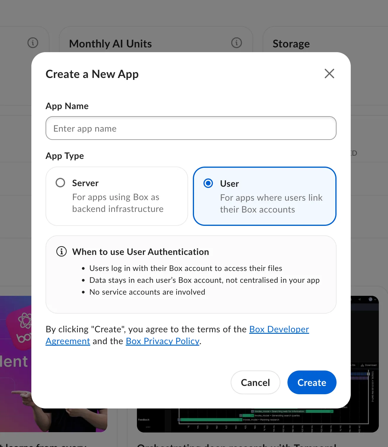 Create a New App dialog with User selected - users log in with their own Box account