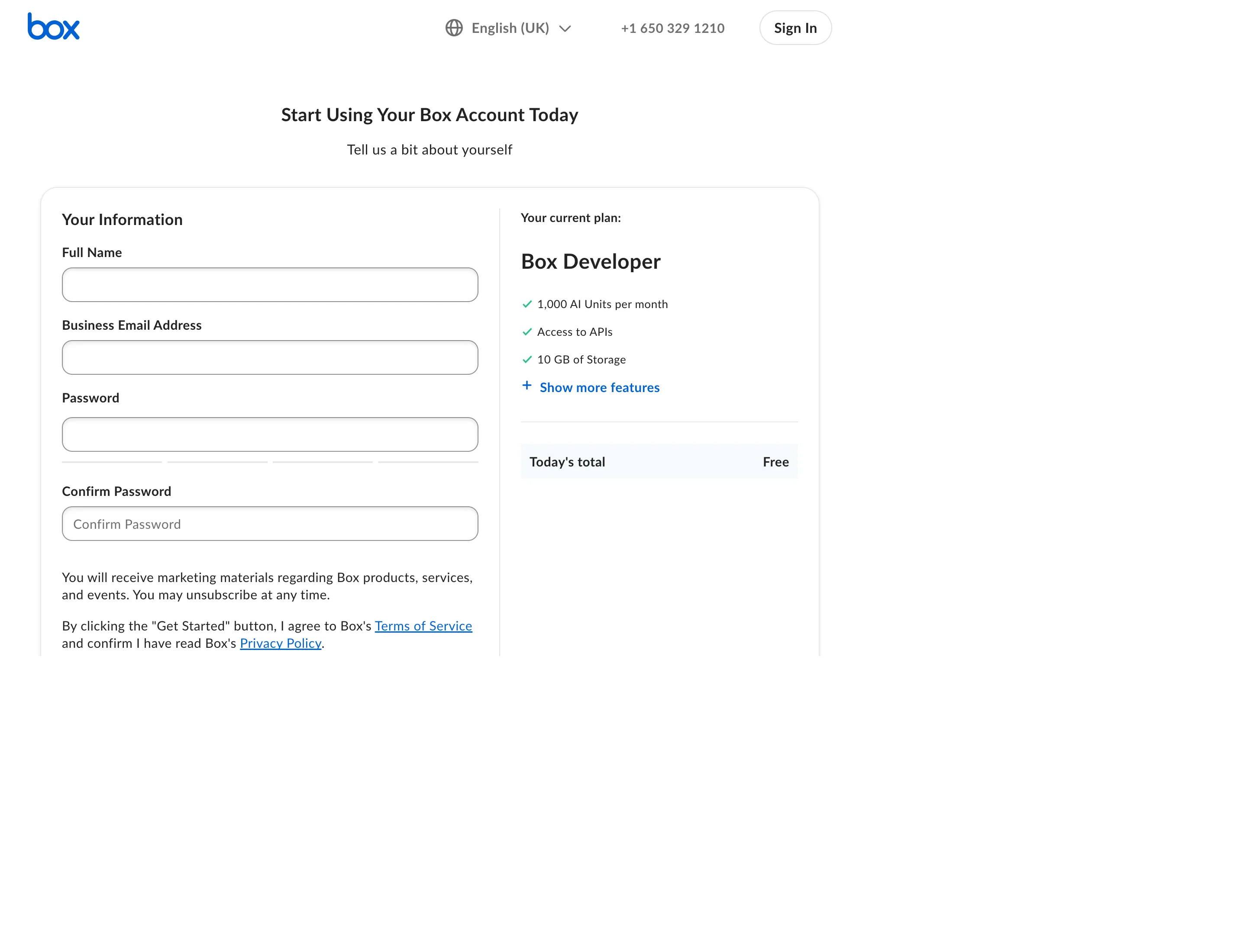 Box developer signup form showing the Box Developer plan with API access and 10 GB of storage