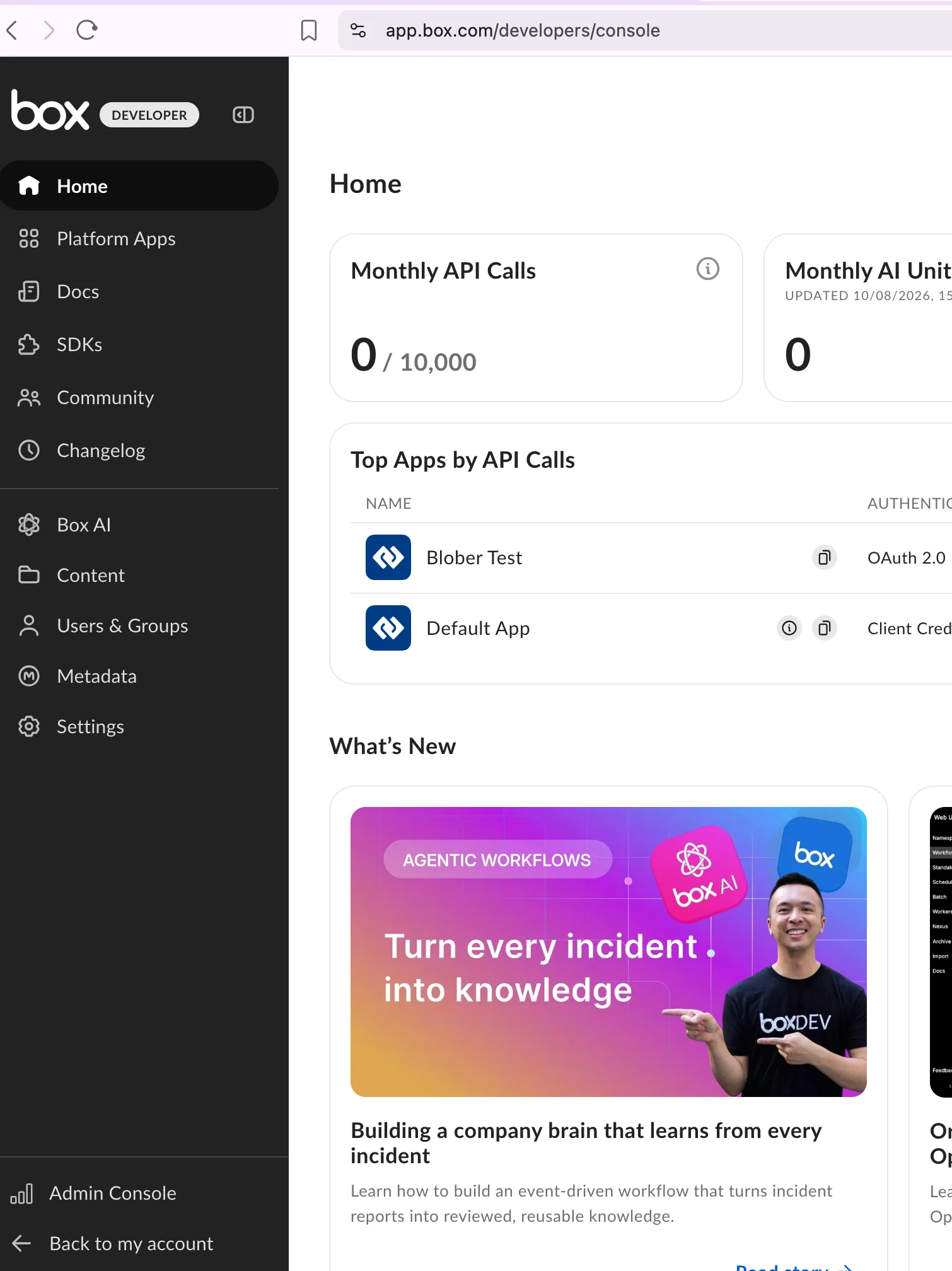 Box left navigation expanded, showing Admin console and Dev console