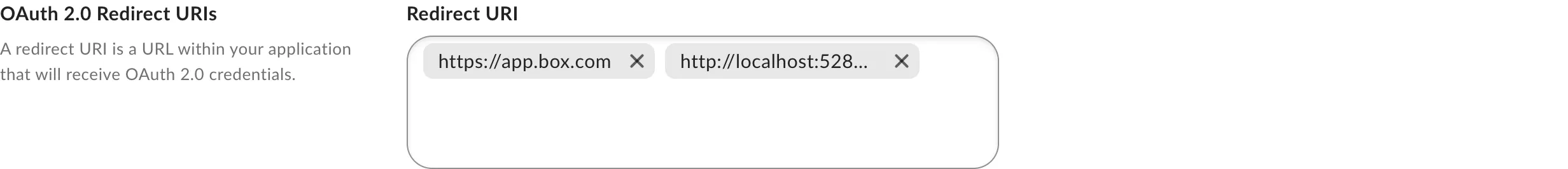 OAuth 2.0 Redirect URIs section on the Configuration tab