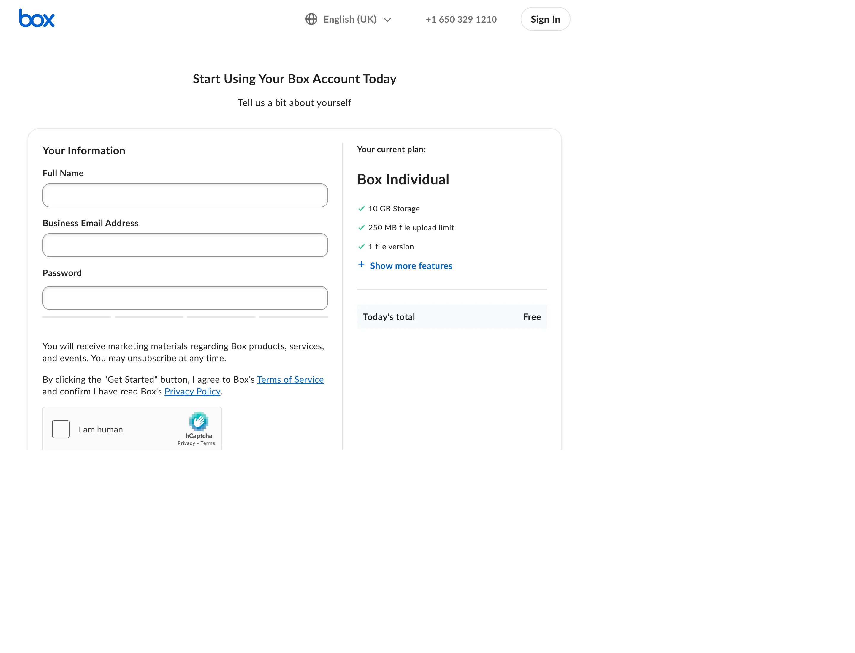 A regular Box (Box Individual) signup for comparison - storage only, no API access
