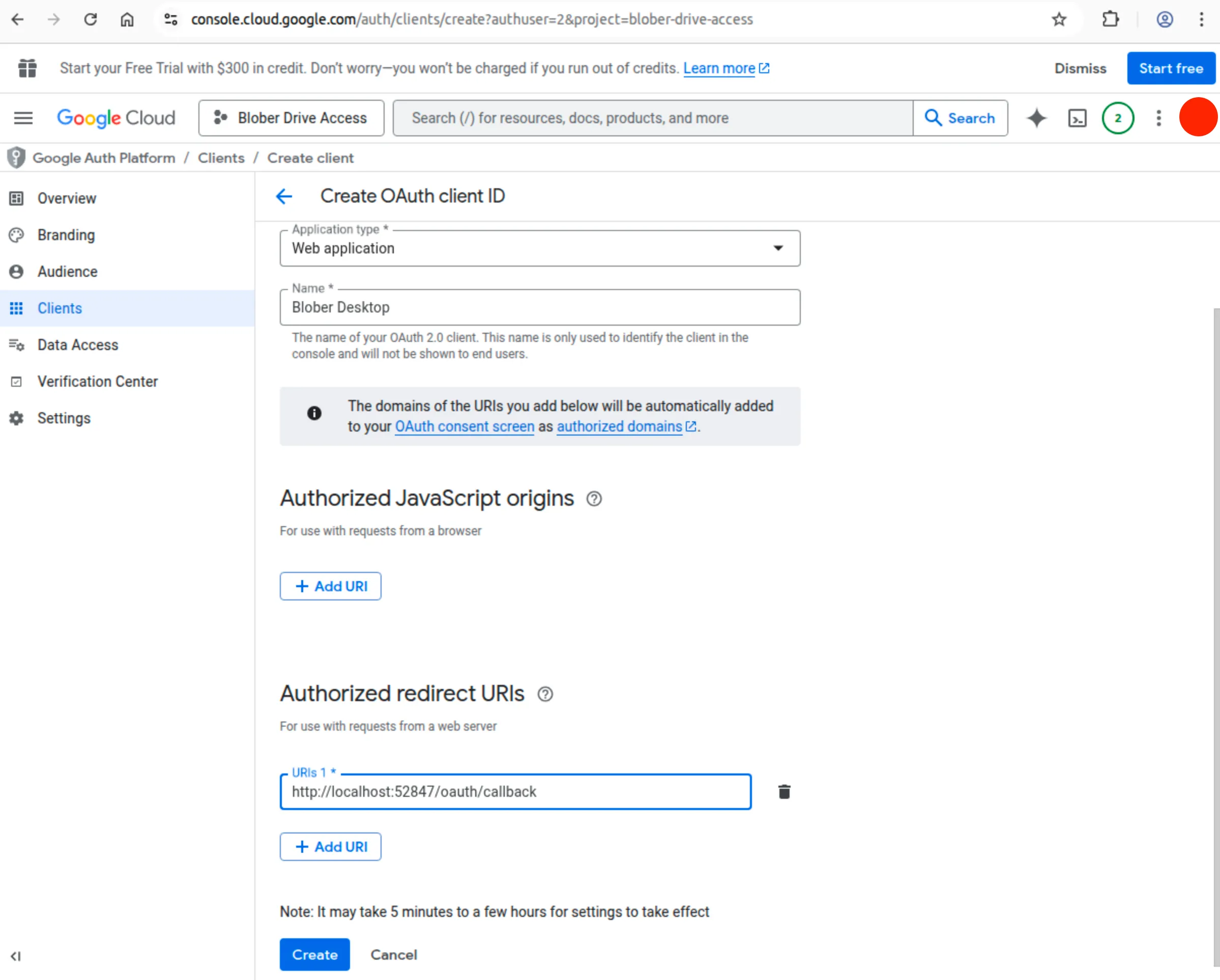 OAuth client creation screen