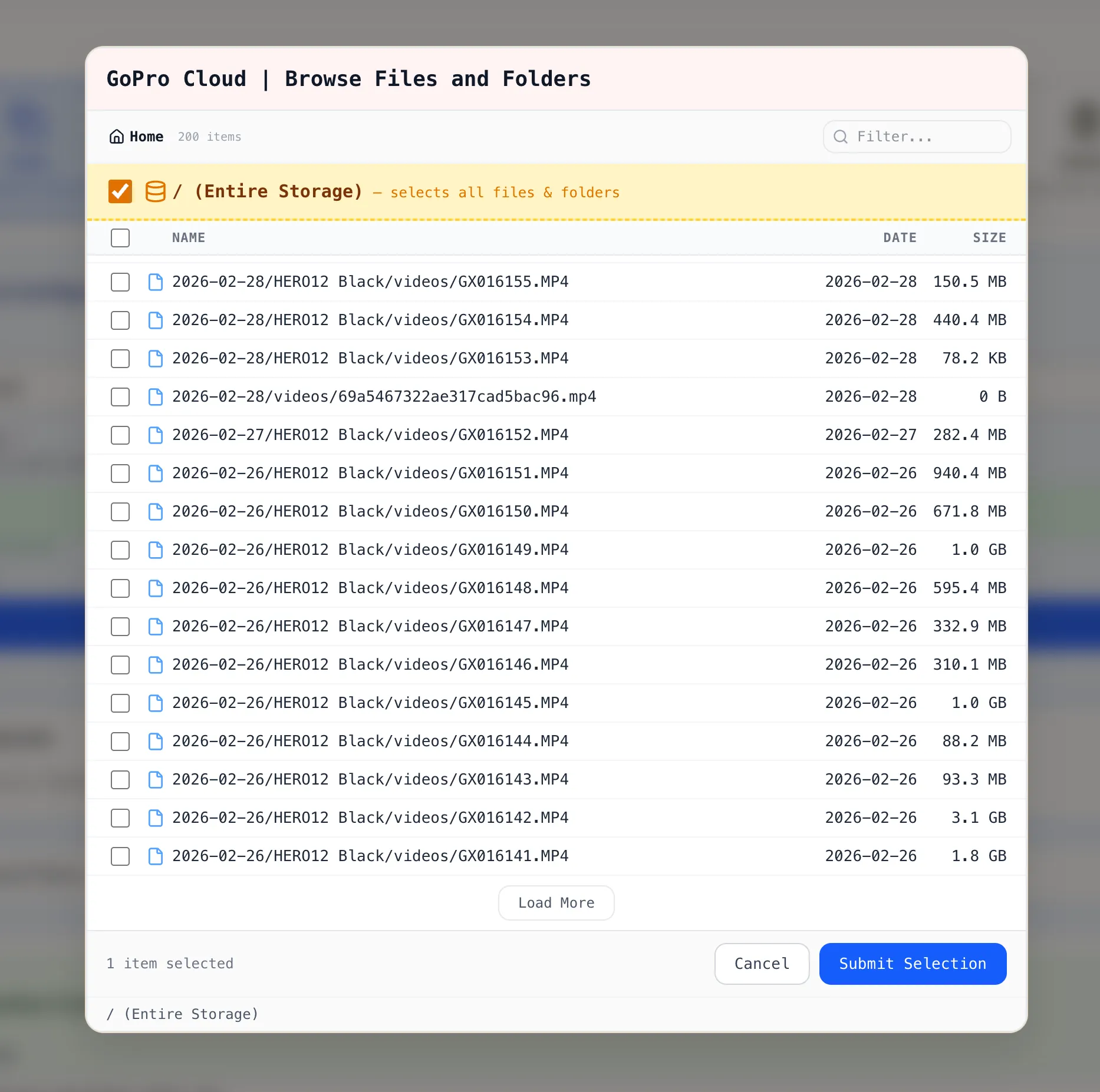 Blober file browser showing GoPro Cloud files with entire storage directory selected