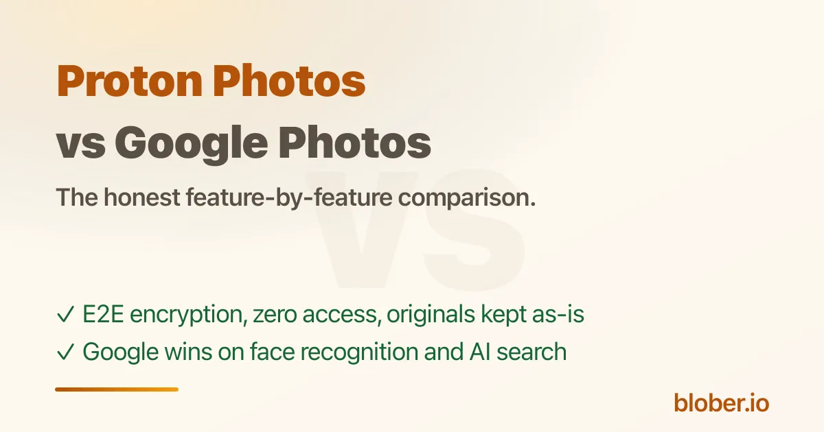 Proton Photos vs Google Photos - end-to-end encryption and no compression vs face recognition and AI search, with pricing and storage compared