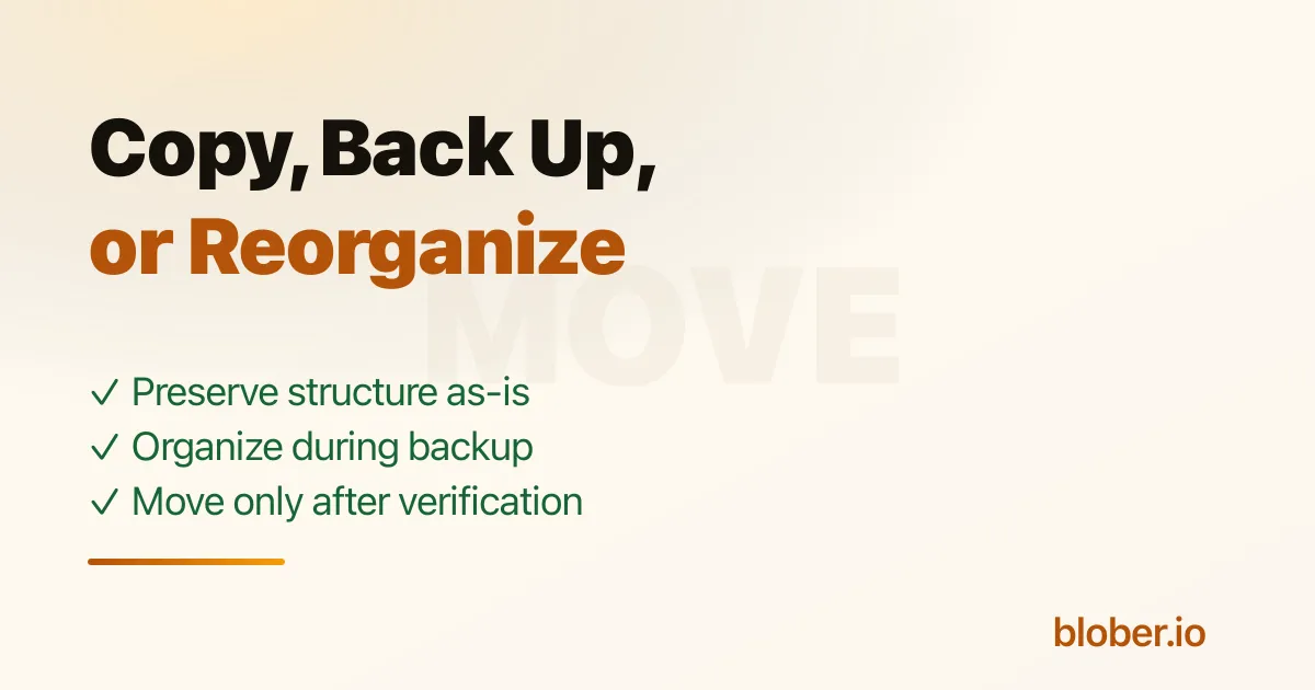 Choose copy as-is organize during backup or move files with Blober