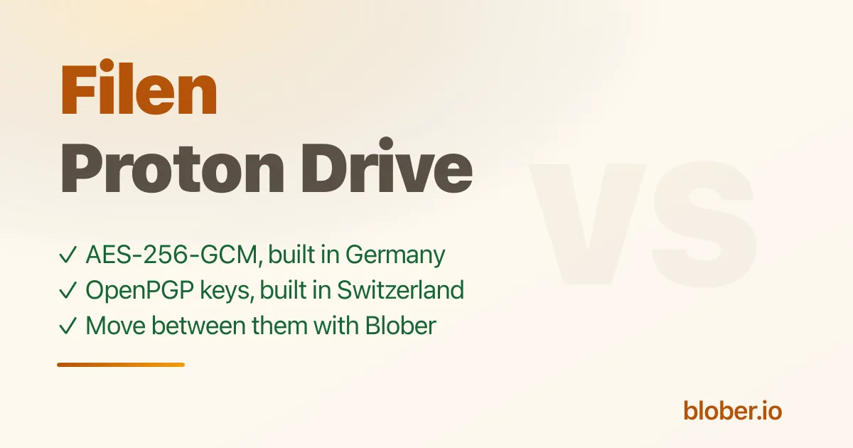 Filen vs Proton Drive end-to-end encryption compared: AES-256-GCM, OpenPGP, German and Swiss law
