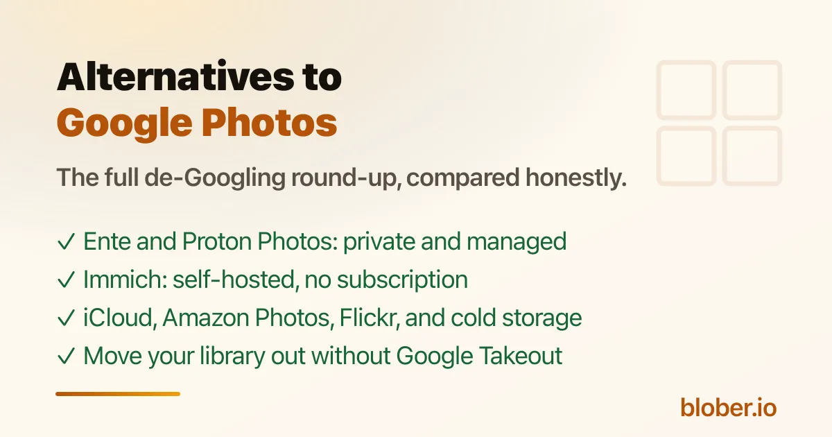 Alternatives to Google Photos - Ente, Proton Photos, Immich, iCloud, Amazon Photos, Flickr compared by privacy, storage, and price