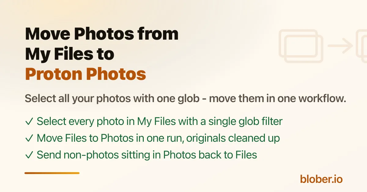 Move photos from My Files to Proton Photos with Blober - select all photos with one glob and move them in a single workflow, or send non-photos back to Files