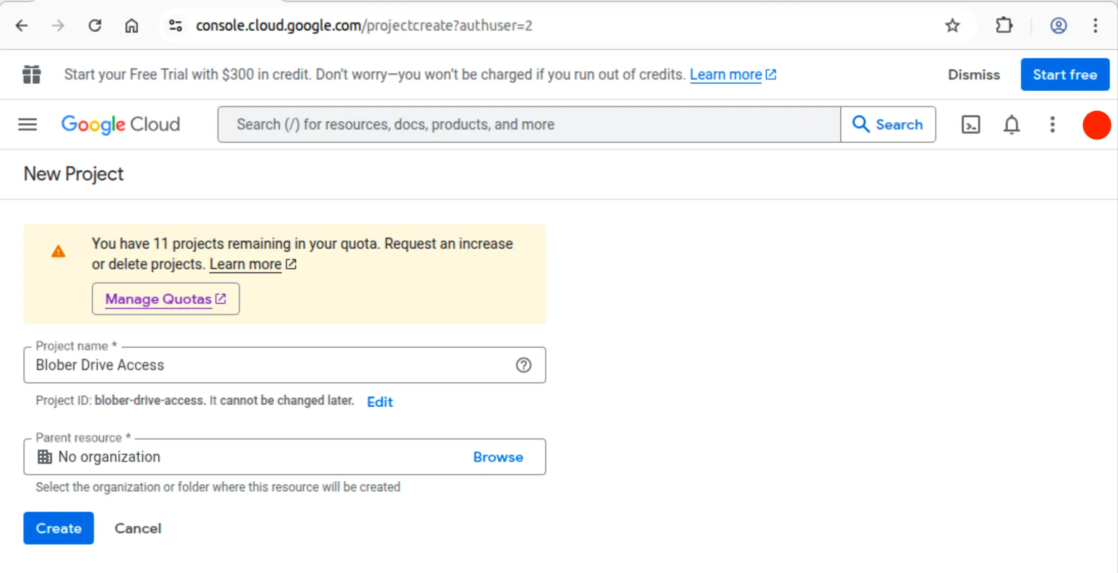 Google Cloud new project screen