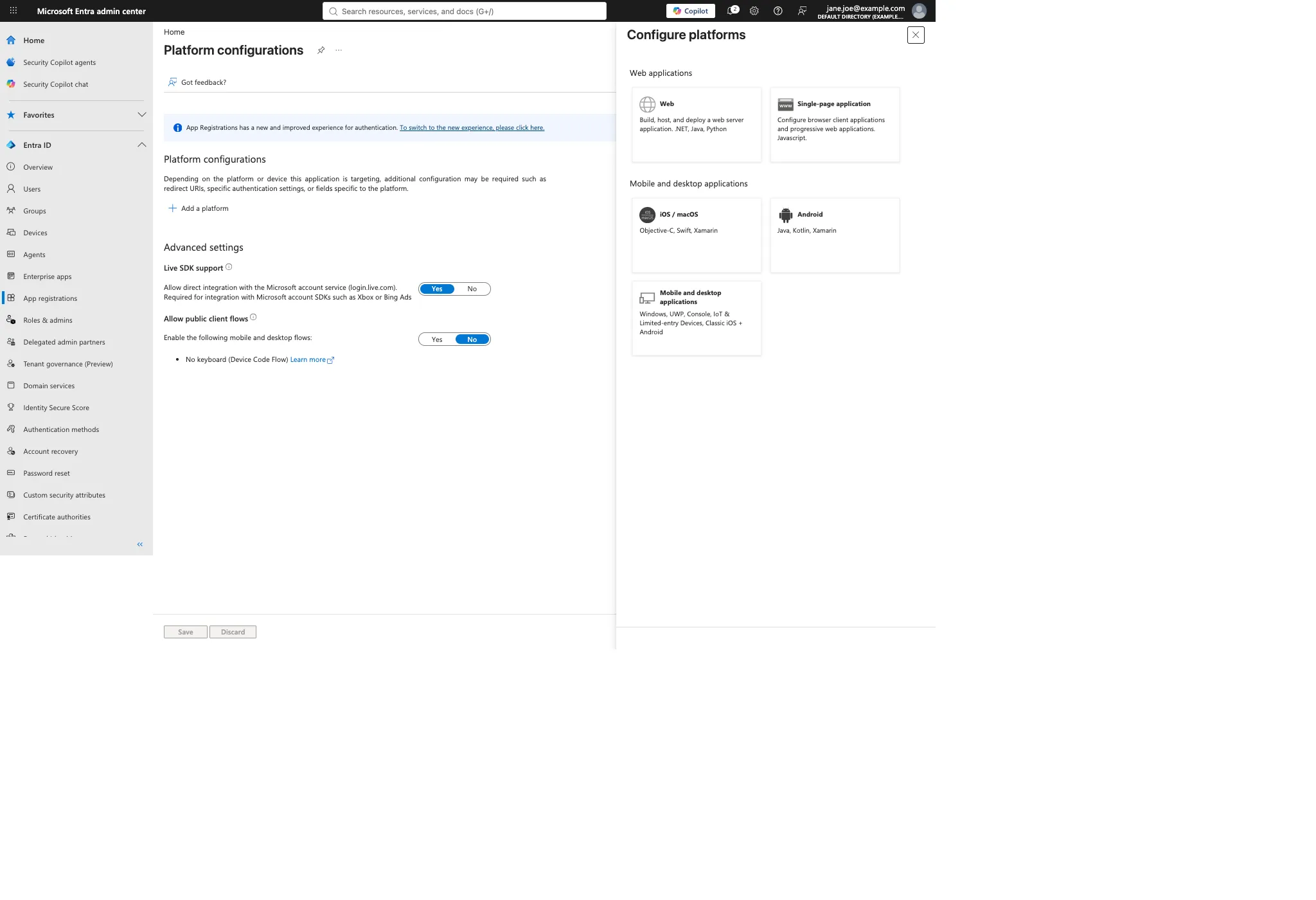 Configure platforms panel with Mobile and desktop applications highlighted