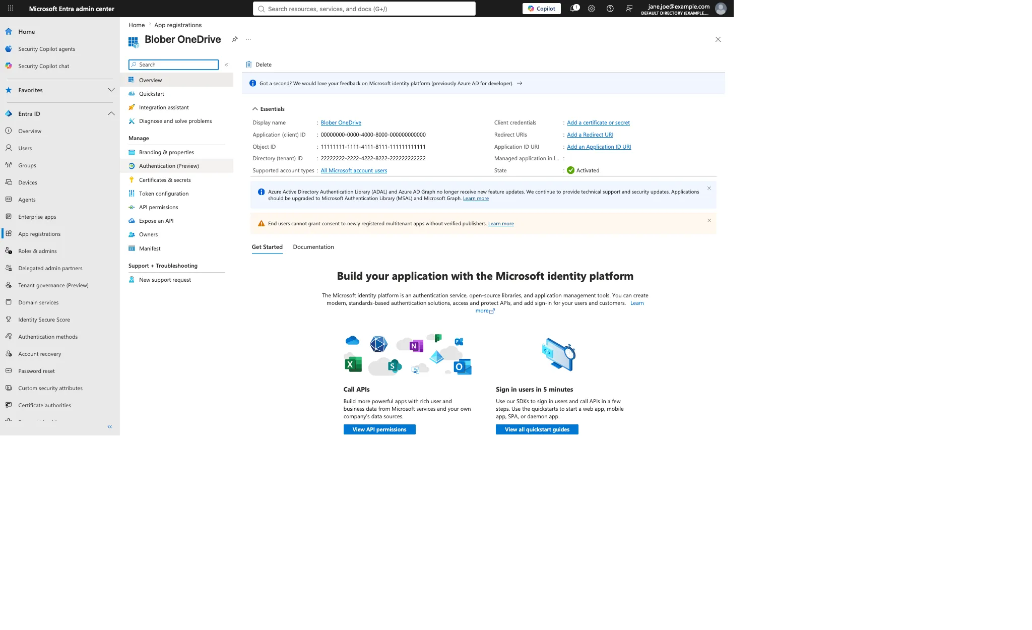 Blober OneDrive app overview showing where to copy the Application client ID