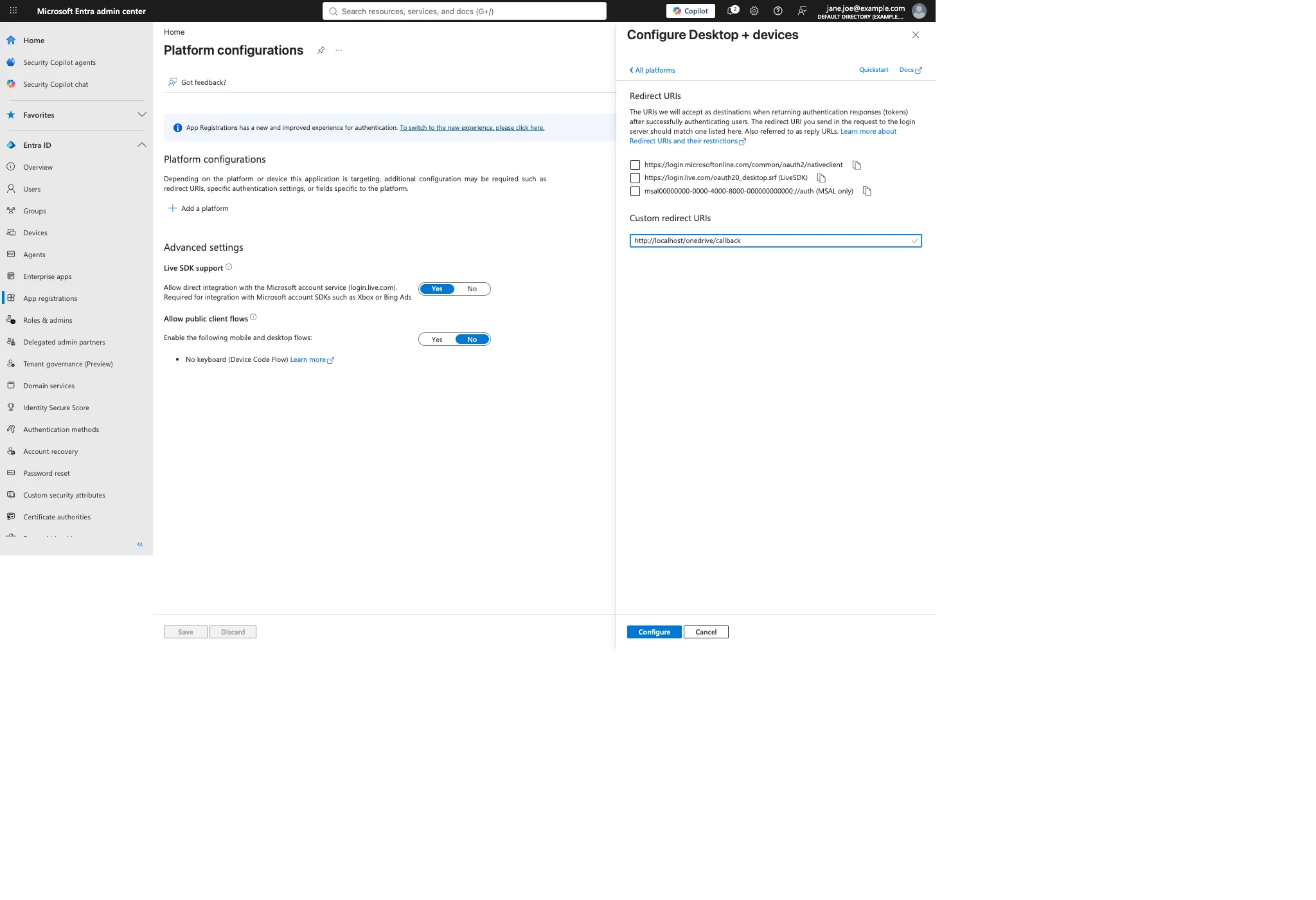Configure Desktop and devices panel with the OneDrive callback entered under Custom redirect URIs