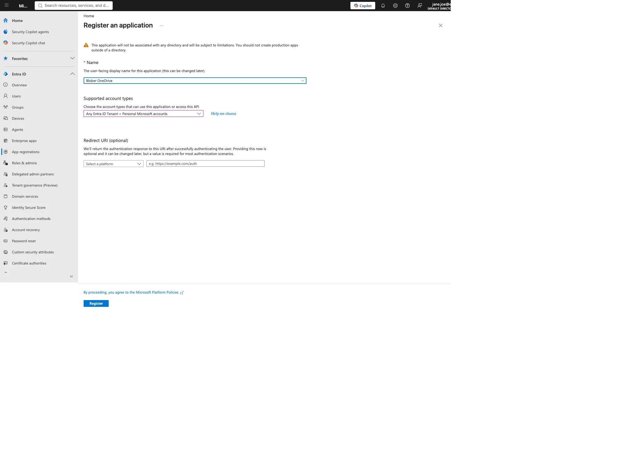 Register an application with the Blober OneDrive name and the multitenant plus personal accounts option selected