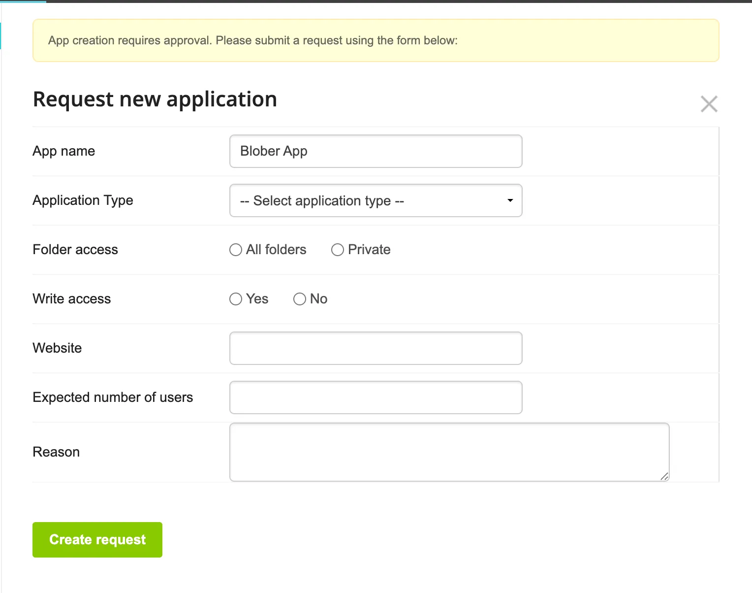pCloud app creation form with the app name, application type, folder access, write access, website, expected number of users, and reason fields