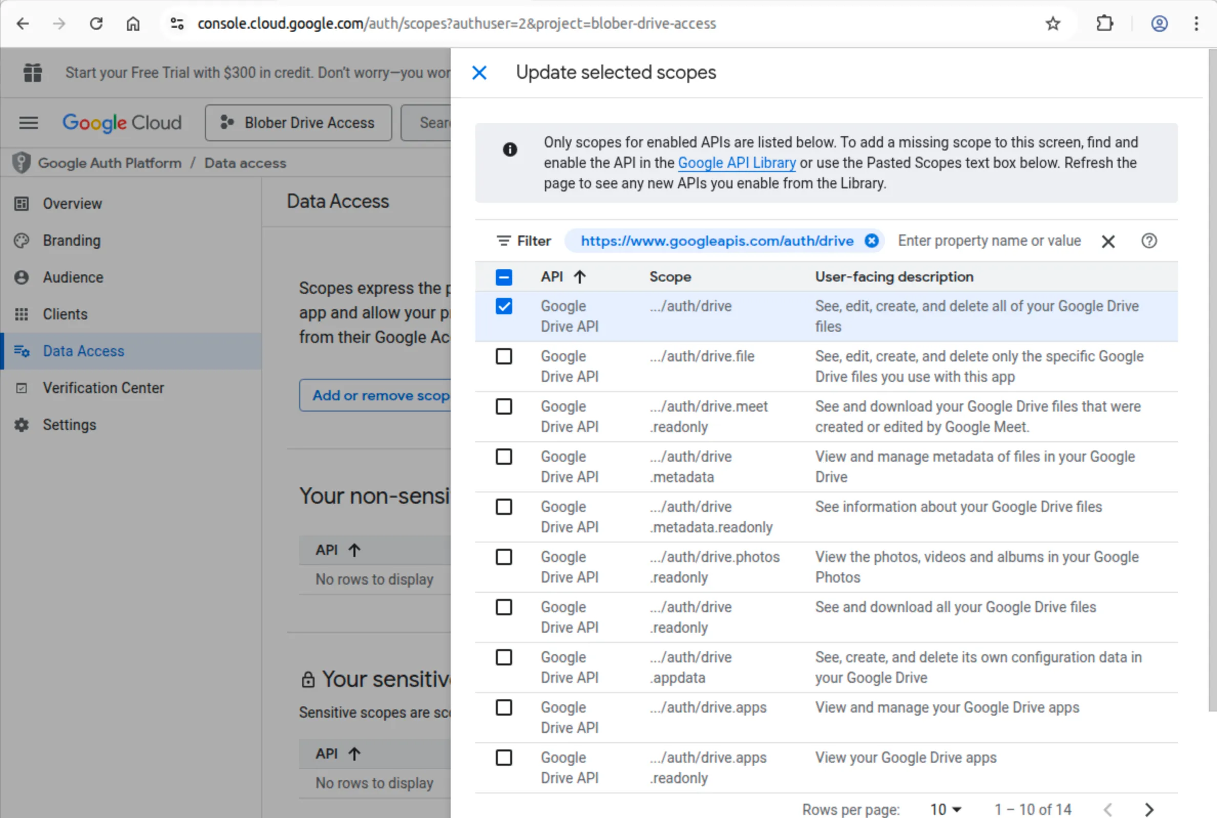 Drive API scopes configuration