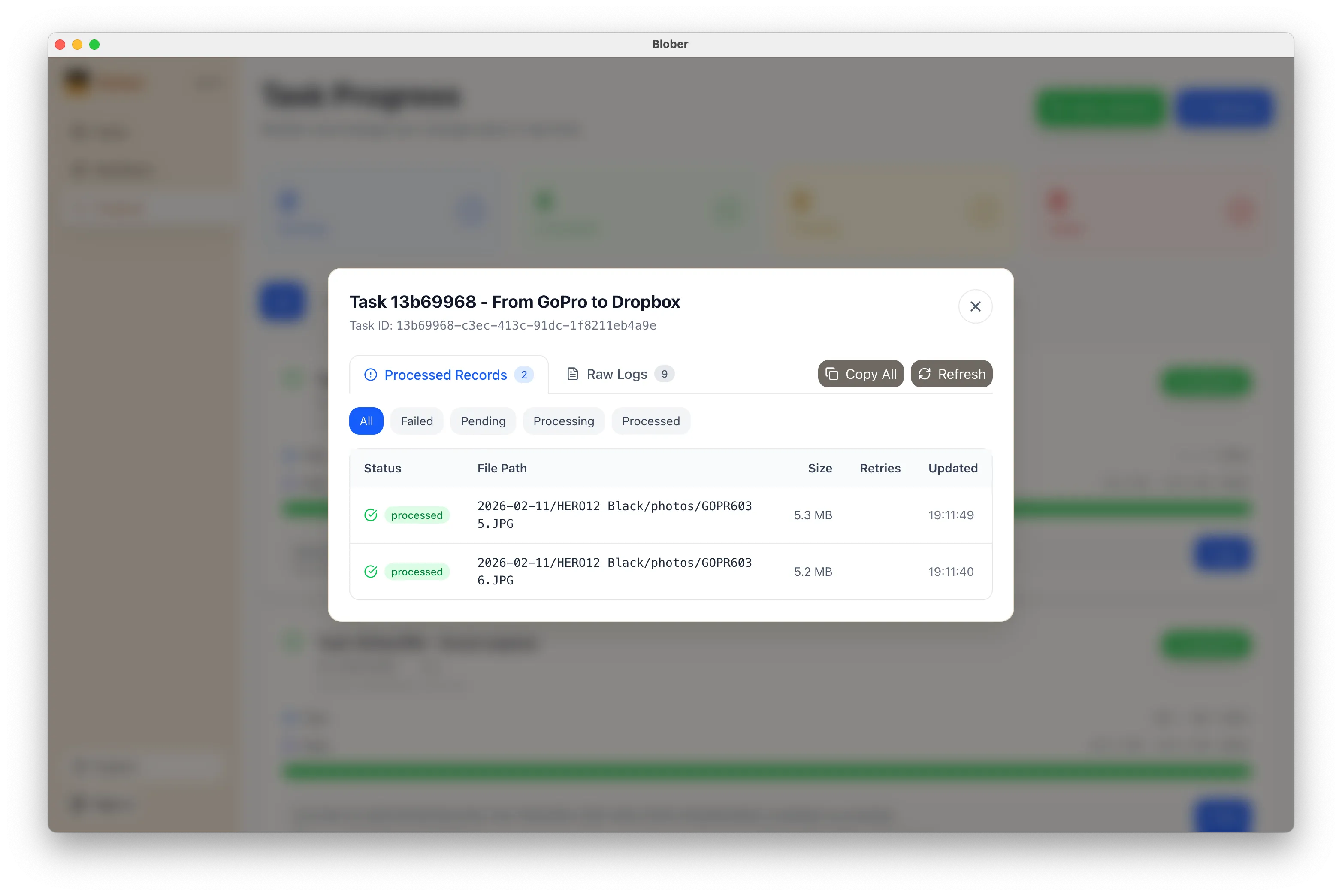 Blober task logs showing detailed transfer activity