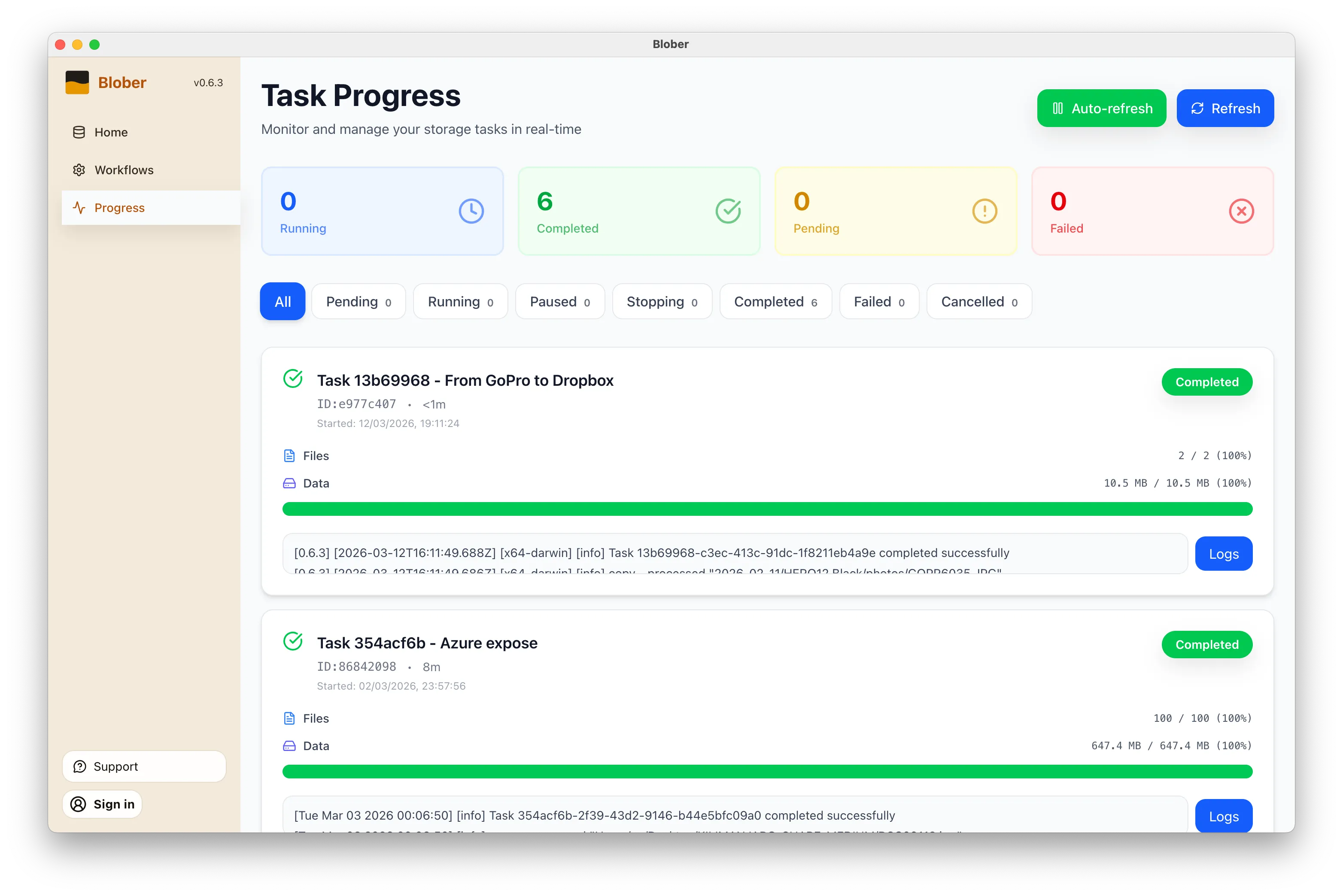 Blober task progress showing files transferring from GoPro to Dropbox