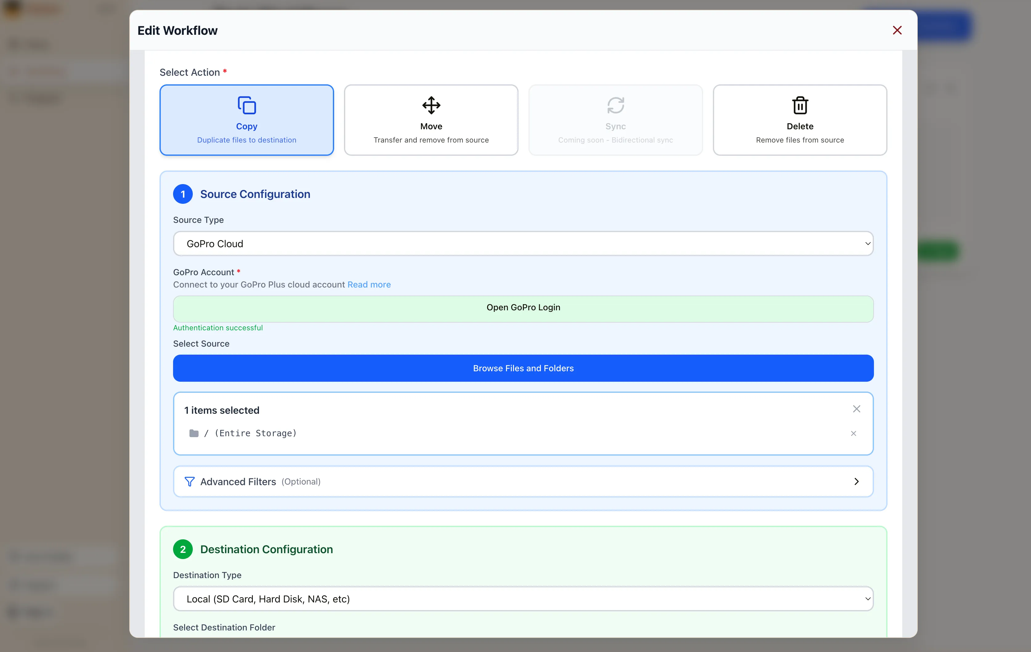 Blober workflow editor with GoPro Cloud as source and entire storage selected