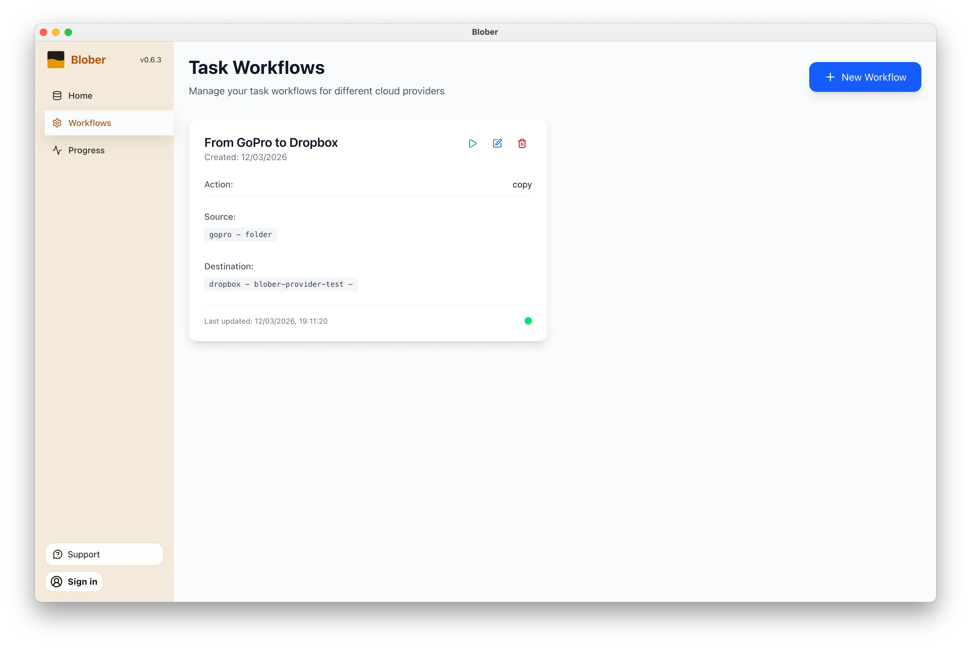 Blober workflow configured to copy media from GoPro Cloud to Dropbox